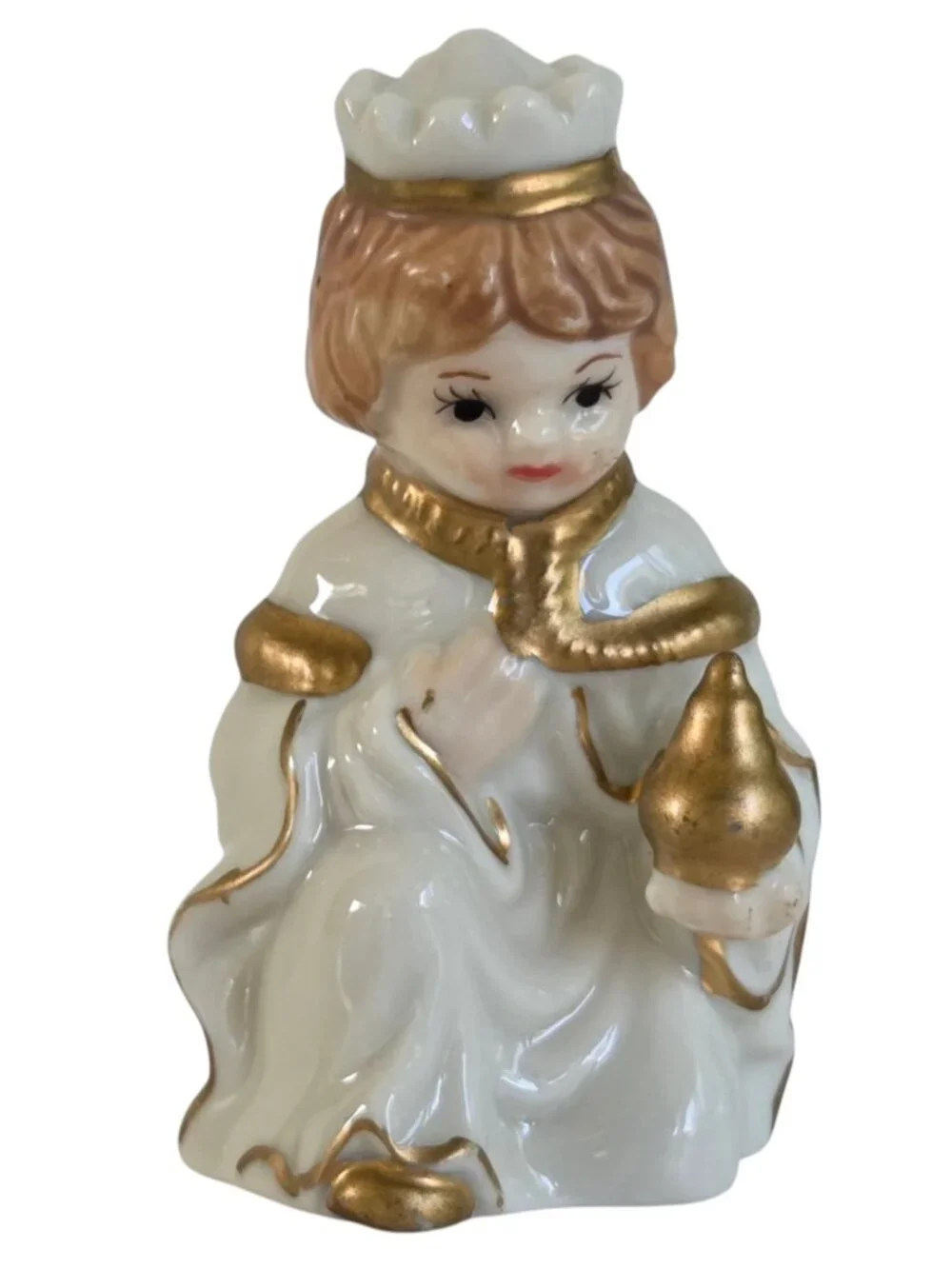 Vintage JAPAN Porcelain Nativity Set 9 pc Hand Painted White & Gold 1990's